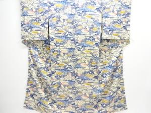 アンティーク　型染家屋風景模様節紬着物